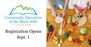 Community Education of the Black Hills logo with text that says Registration Opens Sept. 1.