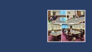 collage of three photos of people seated around a large table